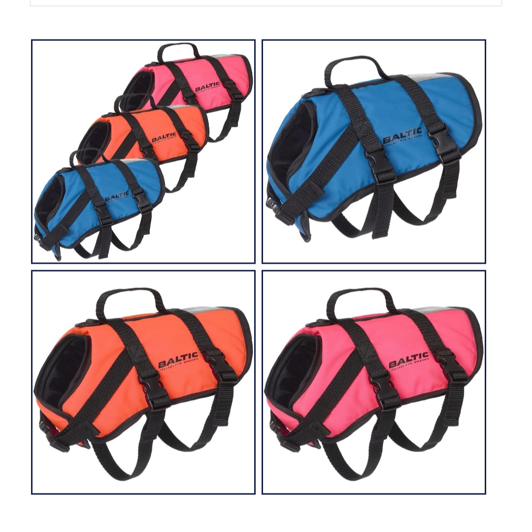 Baltic dog life jackets in orange, pink and blue